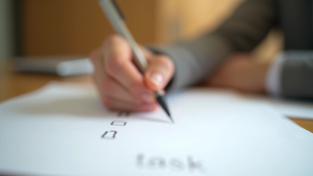 Mão a escrever numa lista de tarefas com caneta azul sobre papel branco