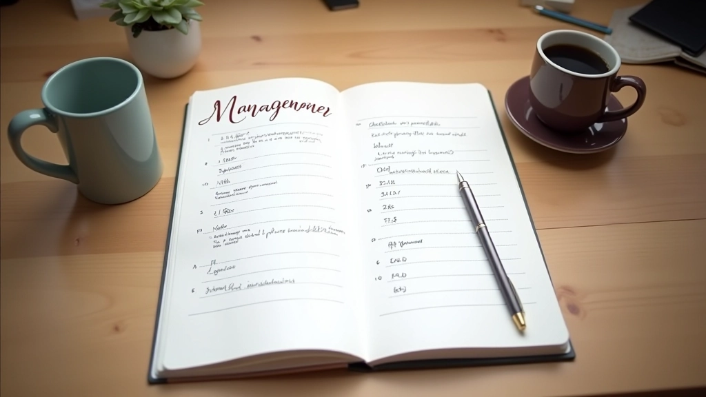 Caderno aberto numa secretária com notas manuscritas, caneta e xícara de café ao lado