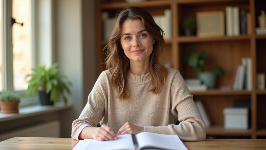 Pessoa a organizar agenda numa secretária com planeador aberto, lápis coloridos e xícara de café